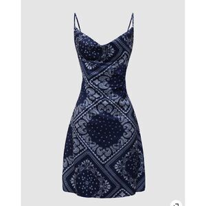 CIDER blue bandana paisley cowl neck cami bodycon mini dress size XS